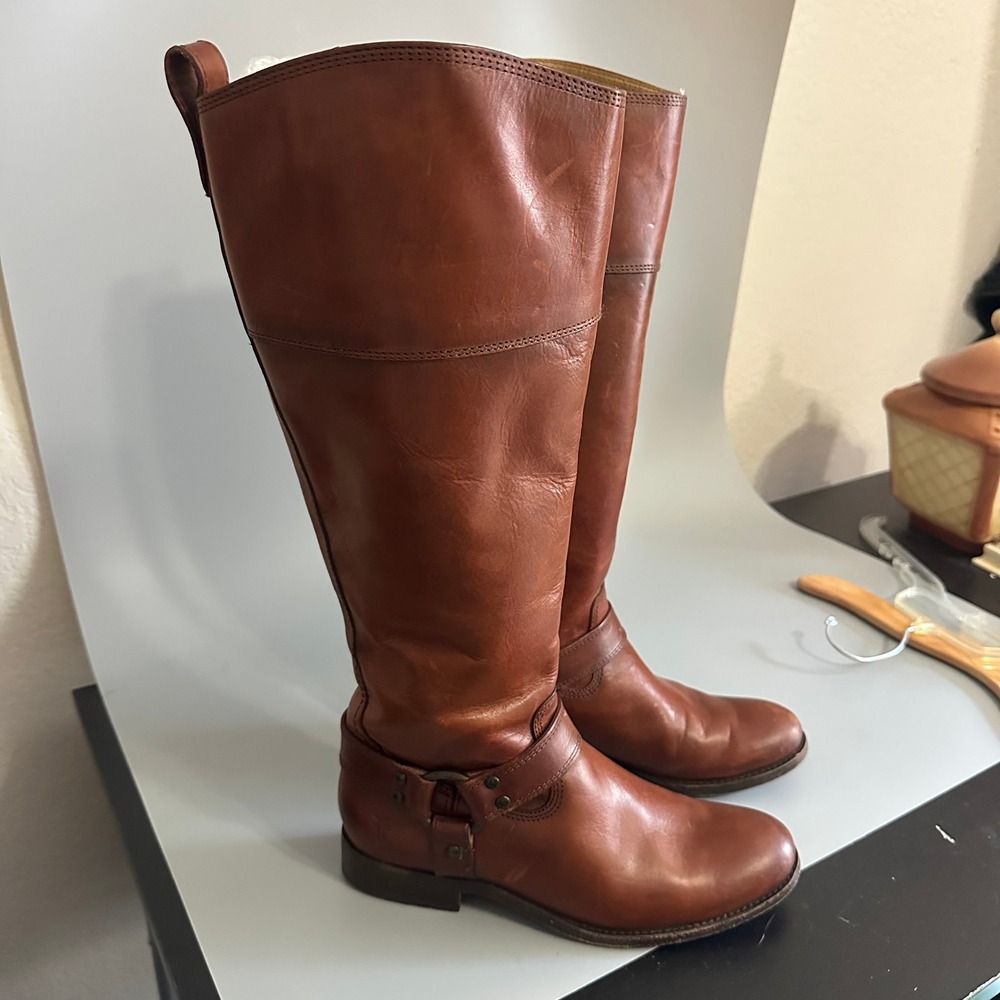 Frye Melissa Harness Tall Riding Boots Cognac Leather‎ Womens 6.5 B Brown Zipper